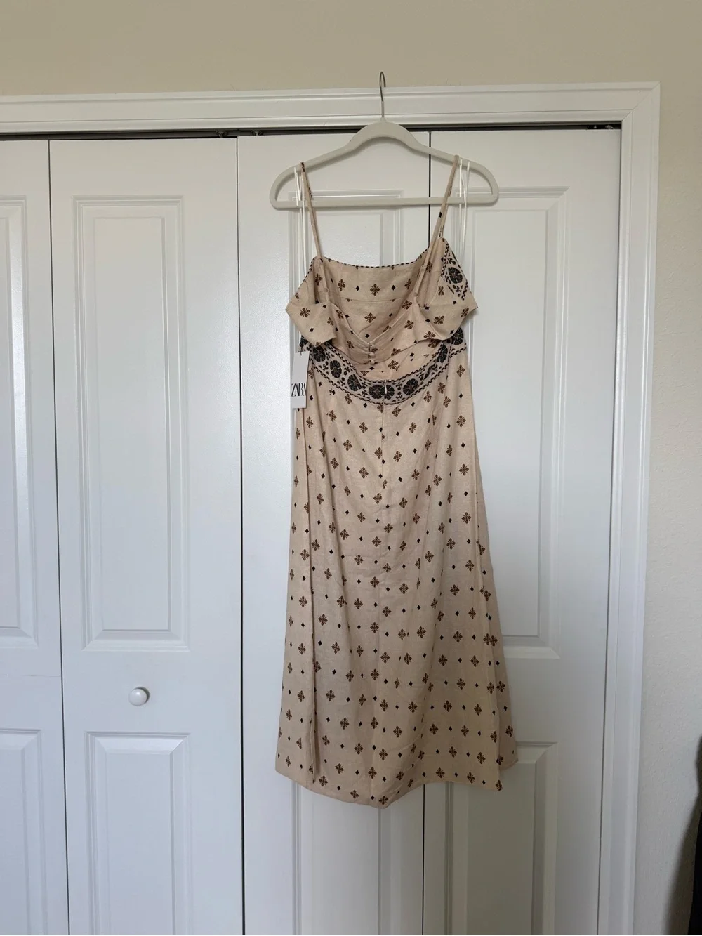 Zara Beige Midi Slip Dress with Black Floral Border